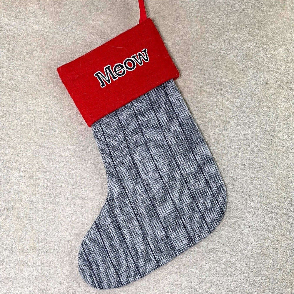 Crate and Barrel Meow Cat Christmas Stocking Red Grey Striped Holiday